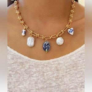 Enchanted Gold Blue Ceramic Porcelain and Faux Pearl Charm Paperclip Necklace